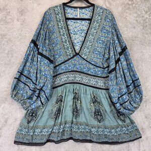 Free People Peasant Tunic Womens Large Paisley Print Balloon Sleeve Boho Blouse